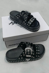 WHO KNEW Chunky Studded Western Buckle Sandals - Black/Silver - 2