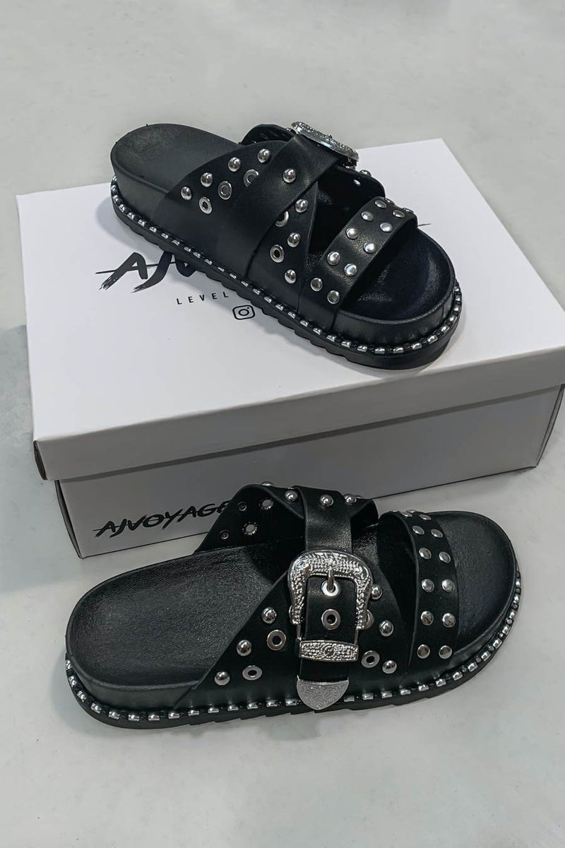 WHO KNEW Chunky Studded Western Buckle Sandals - Black/Silver - 2