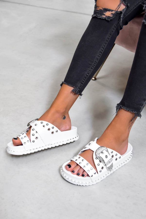 WHO KNEW Chunky Studded Western Buckle Sandals - White/Silver - 1