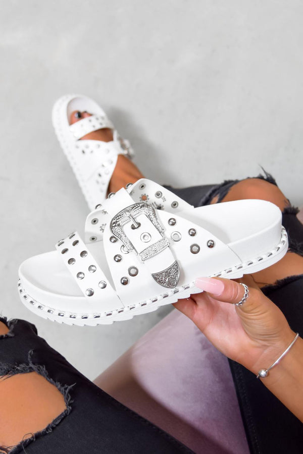 WHO KNEW Chunky Studded Western Buckle Sandals - White/Silver