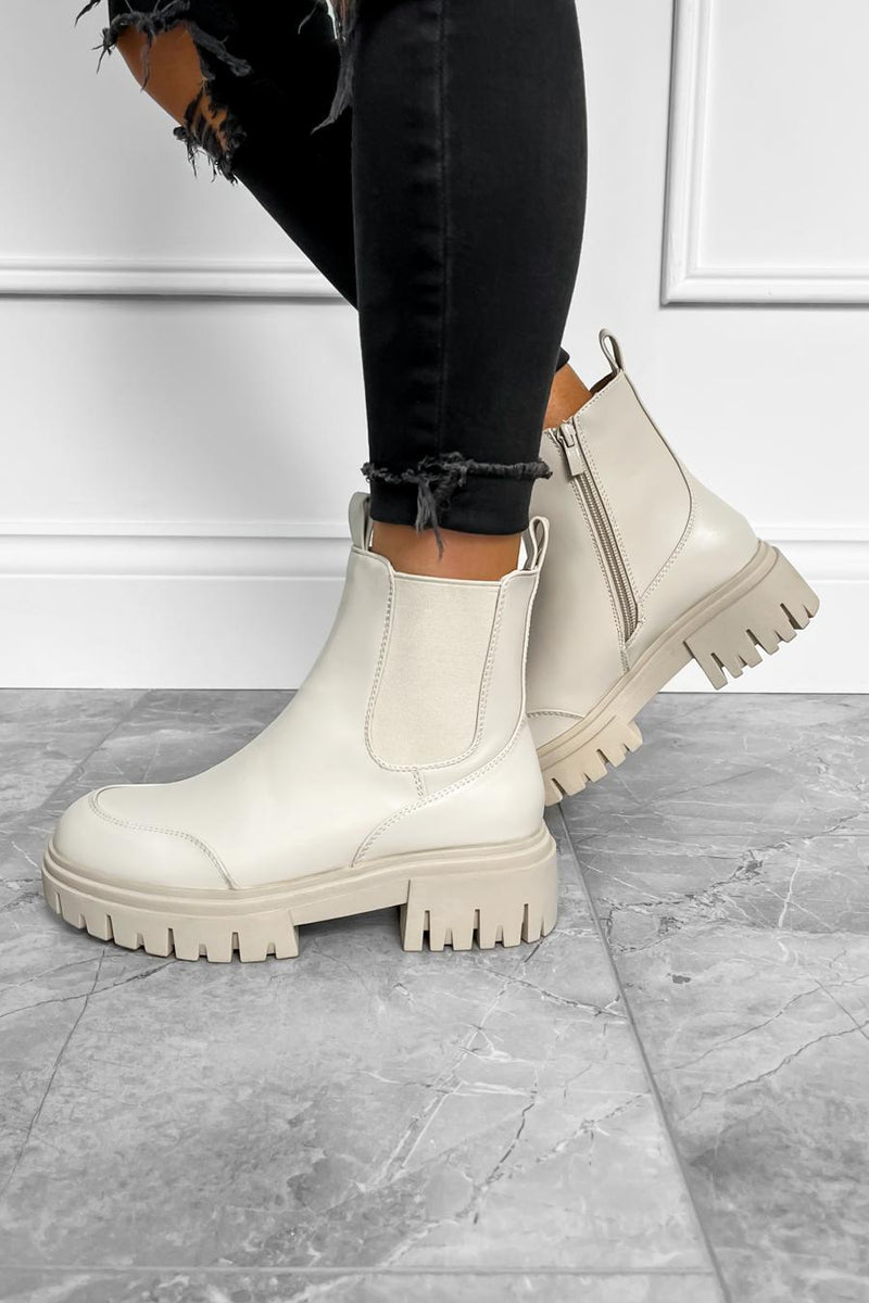 WYNTER Chunky Sole Ankle Boots - Beige PU - 1