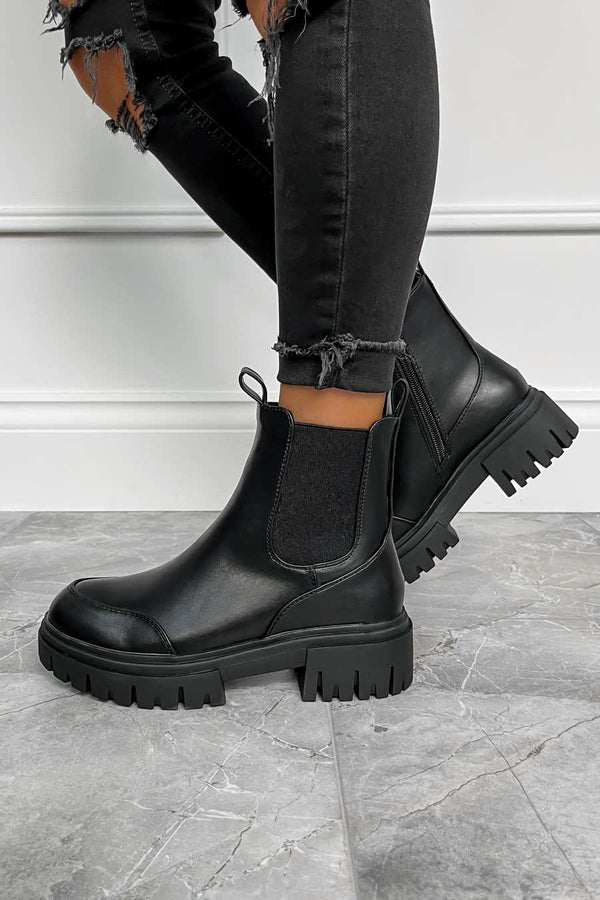 WYNTER Chunky Sole Ankle Boots - Black PU - 1