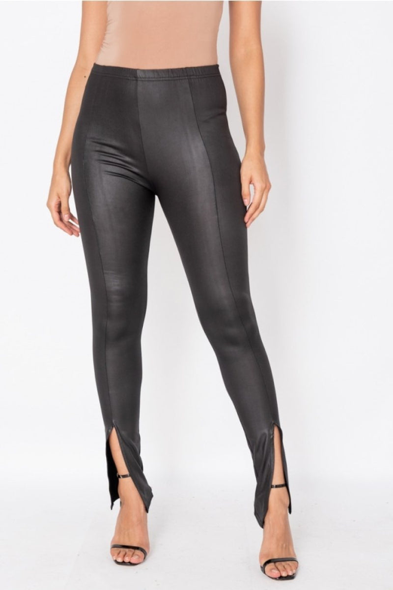 New Look leather look leggings with front slit in black