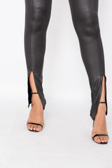 Wet Look Split Front Leggings - Black