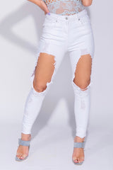 SAVANNAH Extreme Rip Mid Rise Stretch Skinny Jeans - White 1
