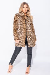 RHIAN Leopard Faux Fur Edge To Edge Mid Length Jacket